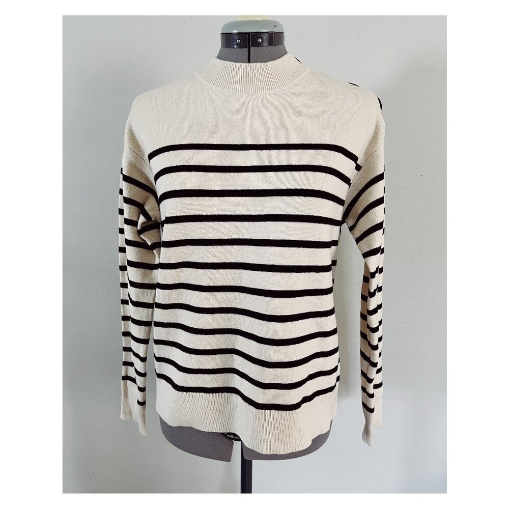 Everlane Sz S The Mariner Wool Blend Striped Crew Sweater Canvas and Black